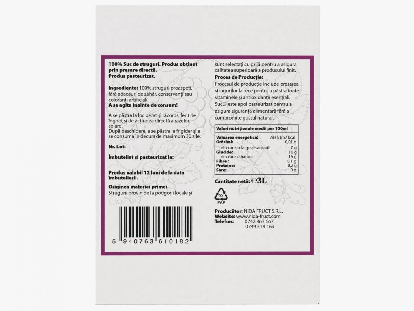 Suc Natural de Struguri Must Pasteurizat 3L - Bag in Box (ALB)