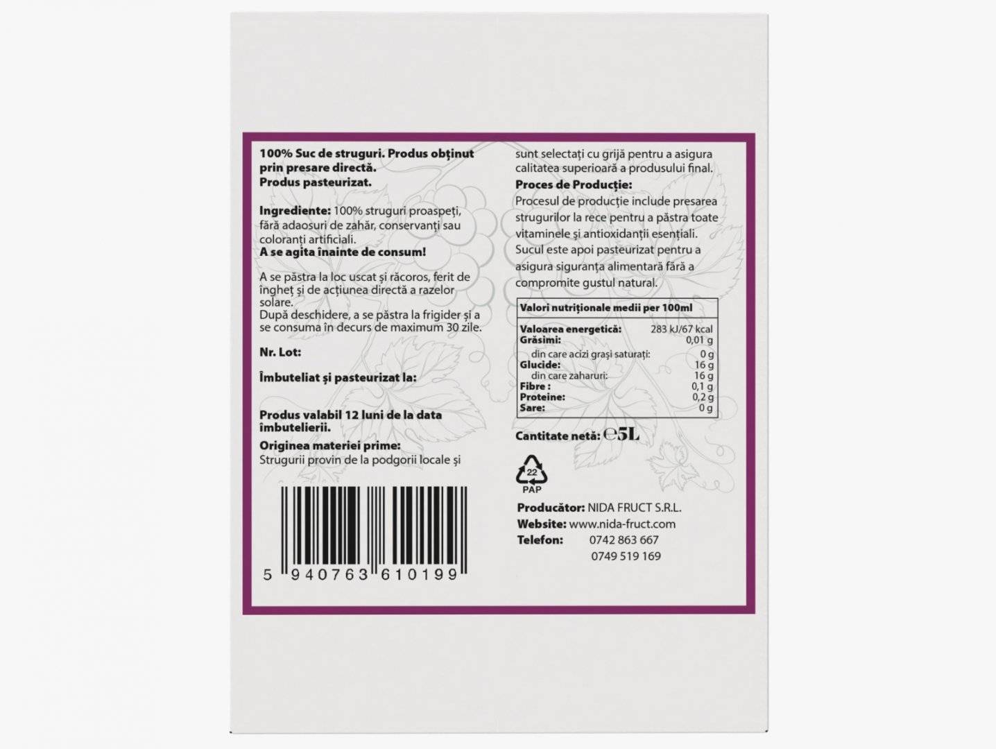 Suc Natural de Struguri Must Pasteurizat 5L - Bag in Box (ALB)